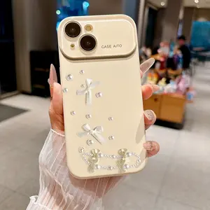 Elegant ivory bows and pearls create a charming luxury style Suitable for iPhone 17 16 15 14 13 12 Mini Plus Pro ProMax Dopamine-hue silicone case—slim, shockproof, full camera protection, microfiber-lined. Minimalist & fresh.