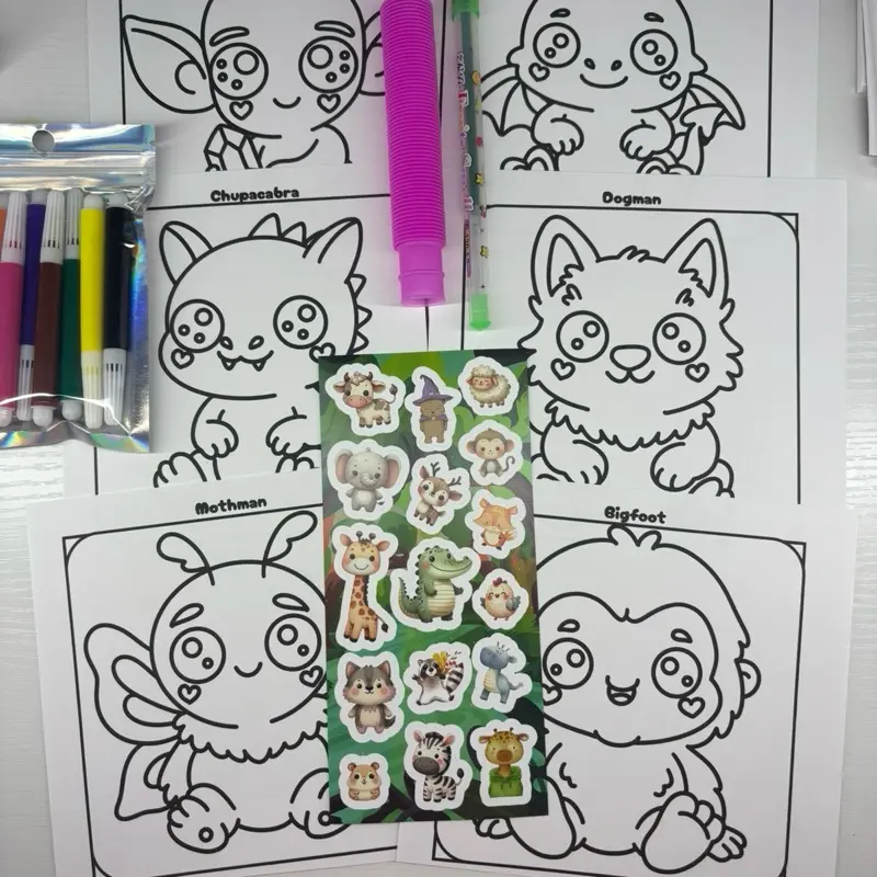 Tiny Artist Coloring Kit – Baby Cryptids #1 | Cute Baby Cryptid Coloring Pages with Markers, Stickers & Surprise Fidget Toy | Bold & Easy Kawaii Coloring for Kids & Adults