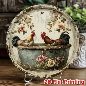1pc Vintage Rooster & Hen Metal Tin Sign - Rustic Farmhouse Wall Art, Round 8 Inch Aluminum Sign with Floral Bathtub Design, 2D Flat Print for Chicken Coop, Kitchen, Garden, or Country Home Decor, Rooster Decor, Chicken Coop Decoration, Countryside Aesthe