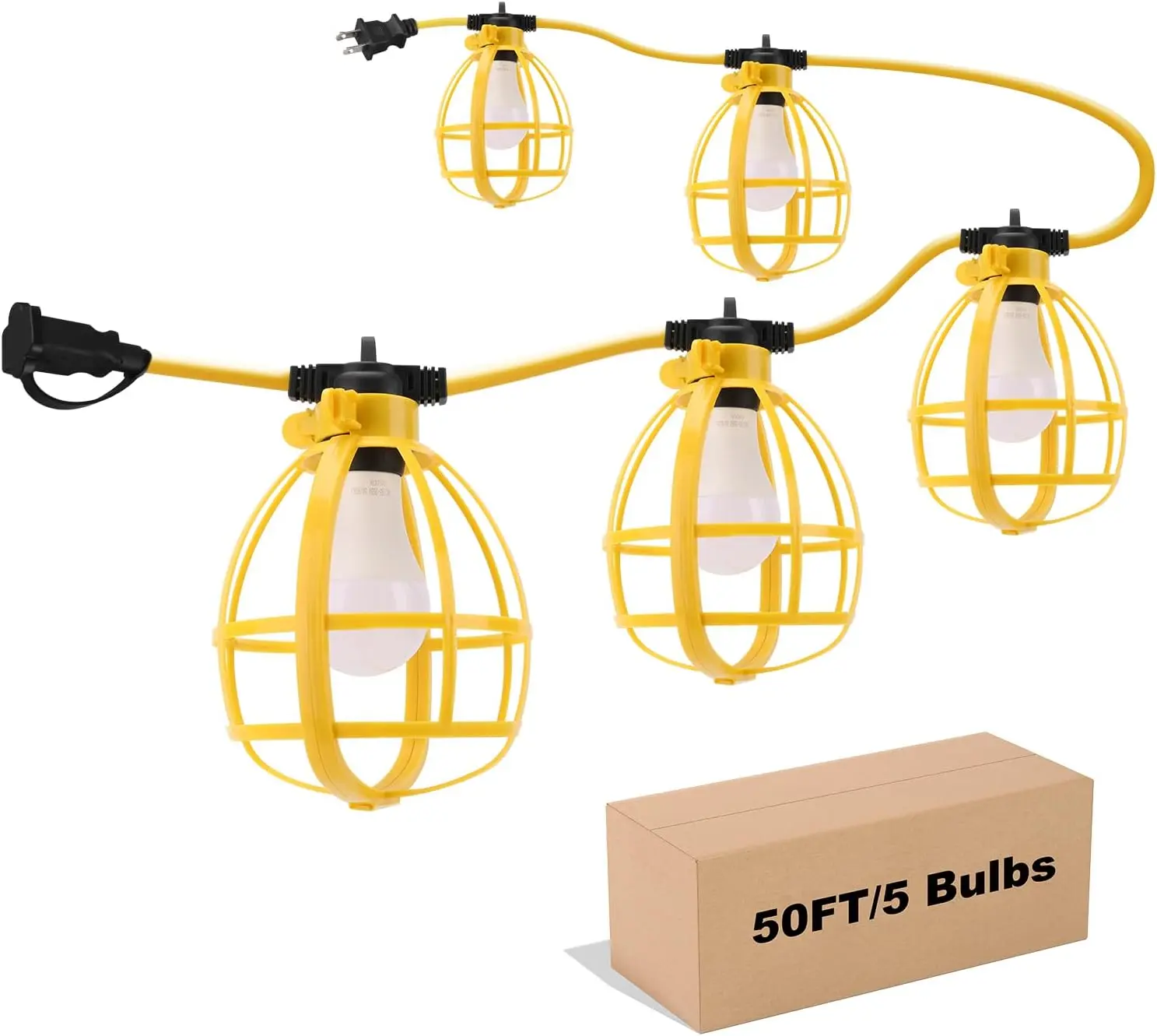 50FT Construction String Lights, 50W 5 Bulbs Work Lights with E26 Base, IP65 , 4000LM 6500K Indoor & Outdoor Temporary Lighting for Workshop, Mine cave, Job Site
