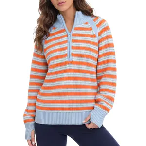 Fisoew Women's Horizontal Stripe Quarter Zip Waffle Knit Sweater, Stand Collar Raglan Long Sleeve Thumb Hole Cuff Pullover Knit Top