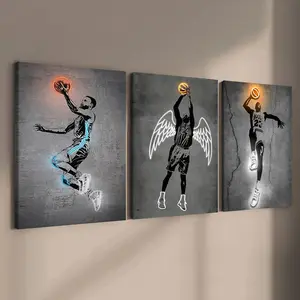 3-count wooden frame canvas, basketball flying man mid-air Slam Dunk art poster, basketball enthusiast pattern, sports inspiration poster, fashionable room bedroom poster, modern art home decoration, living room and corridor wall decoration, Character Art