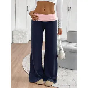 Women's Casual Contrast Foldover Waist Wide Leg Sweatpants Fit Blue Fabric Womenswear