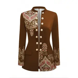 Plus Size Women's Long Sleeve Blazer Jacket, Vintage Digital Print, Multiple Buttons Design, Casual Fashion Outerwear for Ladies