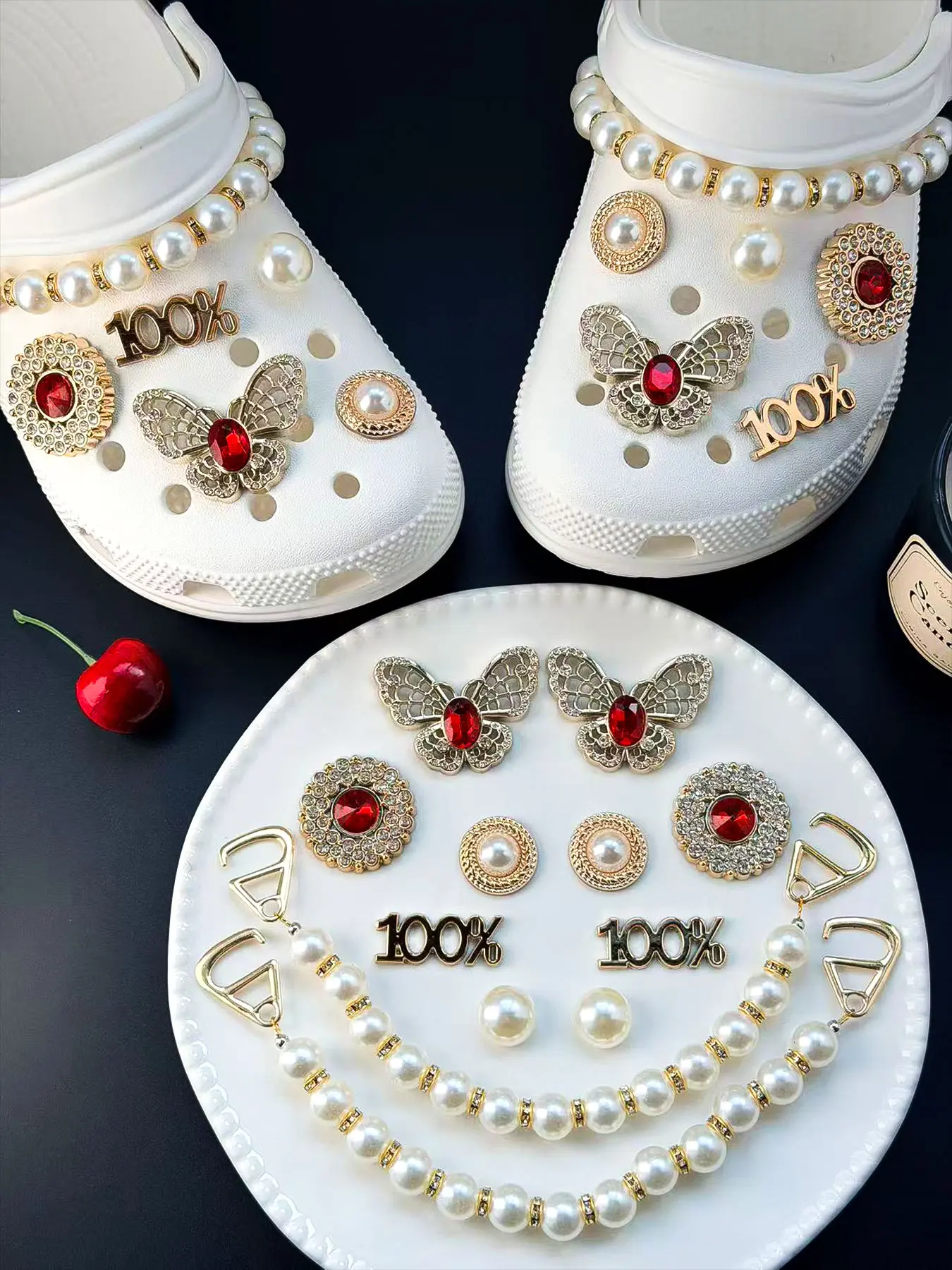 12-Piece Shoe Buckle Set, Butterfly Design, Pearl Chain Decoration, Trendy Hole Shoes Accessories