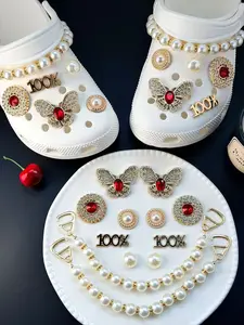 12-Piece Shoe Buckle Set, Butterfly Design, Pearl Chain Decoration, Trendy Hole Shoes Accessories