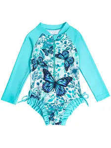 Girl's Butterfly Print One-piece Swimsuit, Cute Long Sleeve Zip Up Swimwear, Kids Comfortable Bathing Suit for Summer Beach Vacation, Toddler Swimsuit
