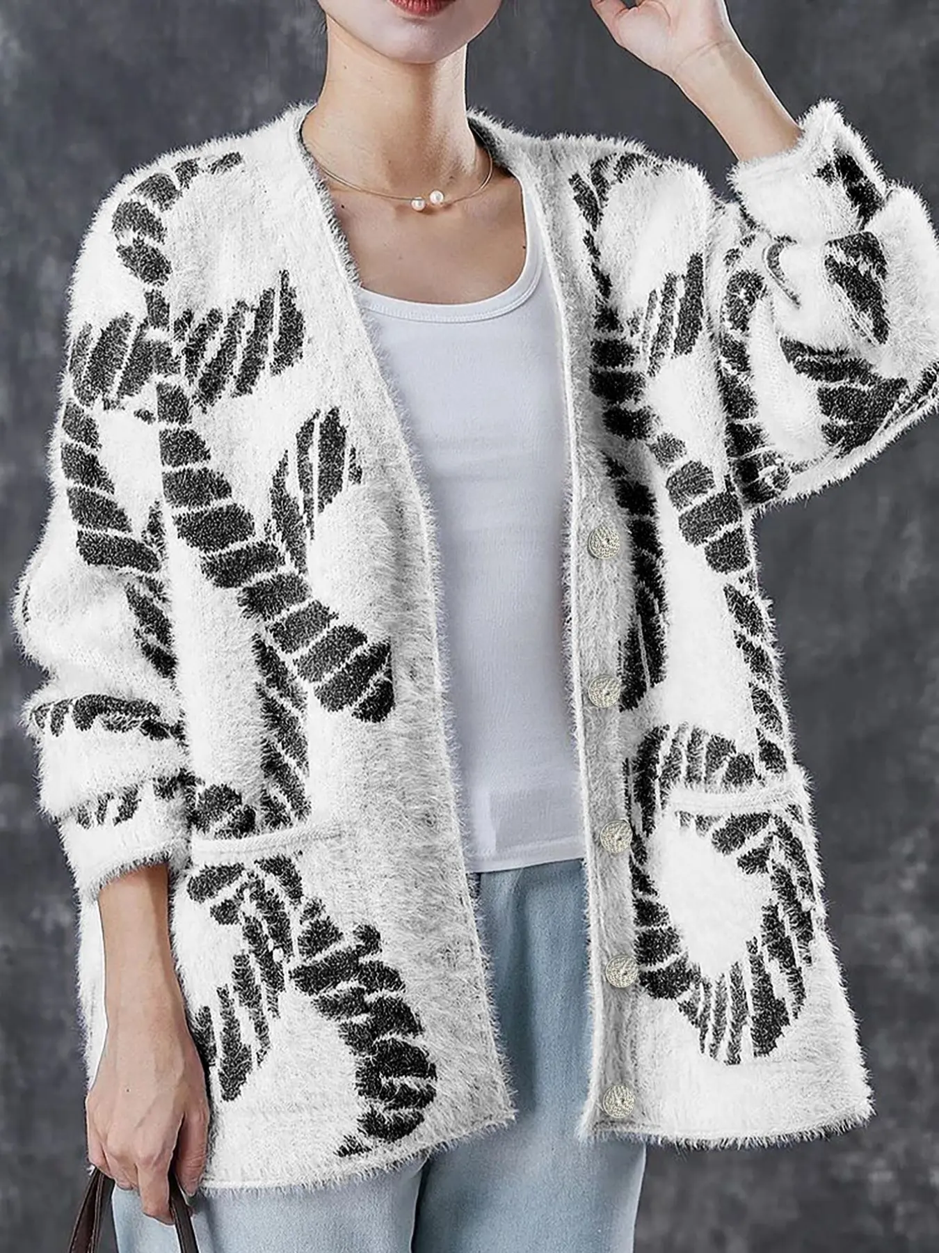 Women's Zebra Print Plush Knit Cardigan, Fashion Texture Sweater Coat, Perfect for Daily Street Style & Girls' Dates