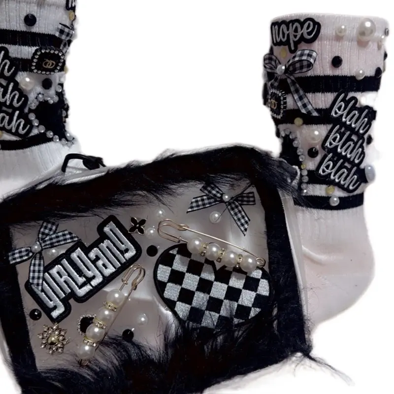 Custom Junk Socks and Purse Set  for ALL LADIES  - Black and White Checkered Design, Includes Beads PATCHES STONES AND MORE