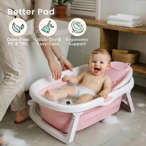 Babybond Luxury Collapsible Baby Bathtub for Infant & Toddler, Foldable Infant Bath Tub with Adjustable Bath Sling, T-Shaped Support & Water Thermometer, Potable for Travel, Ideal Baby Shower Gift, Baby Pink, #Sohochic