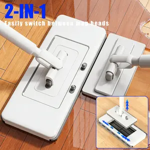 2-in-1 Clip-On Flat Mop with 2 Swap Heads, Works with Any Cloth & Paper Towels, Hands-Free Wet Dry Mop with 52" Extendable Handle for Floor Wall Ceiling