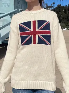 Women's Trendy Y2K Pullover with Union Jack Graphic & Crew Neck Soft Knit Fabric Sweater for School & Streetwear Casual Retro Style Jumper