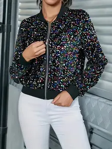 Women's Sequins Zip Up Bomber Jacket, Fashion Casual Contrast Trim Baseball Collar Jacket for Daily Outdoor Wear, Ladies Spring & Fall Clothes