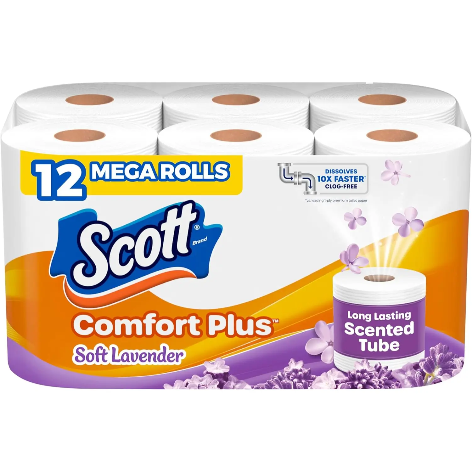 Scott ComfortPlus Toilet Paper, 12 Double Rolls (310 Sheets per Roll), 1-Ply Perforated Edges, Septic-Safe Flushable, Eco-Friendly Soft Lavender Scented, Household Items, Bedroom Use, Unscented Option Available, Long-Lasting Home Care Supplies, Disposable