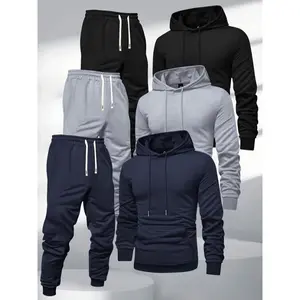 3pcsMen'SHoodedSweatshirtandJoggersSet,PolyesterSportsTracksuit,SolidColor,LongSleeve,SlightStretchKnitFabric,Best-seller Casual Gym Wear Casual SportswearGift