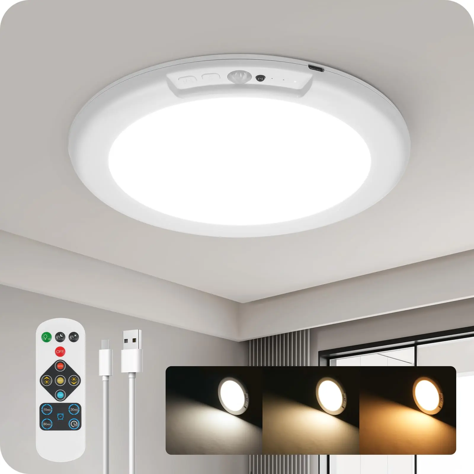 Rechargeable Motion Sensor Ceiling Light, Wireless Ceiling Lights Battery Operated Closet Light with Remote, Wireless, Magnetic, Dimmable Shower Light, Timer