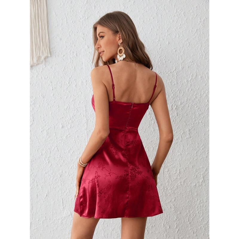 SHEIN VCAY Jacquard Draped Collar Satin Cami Dress