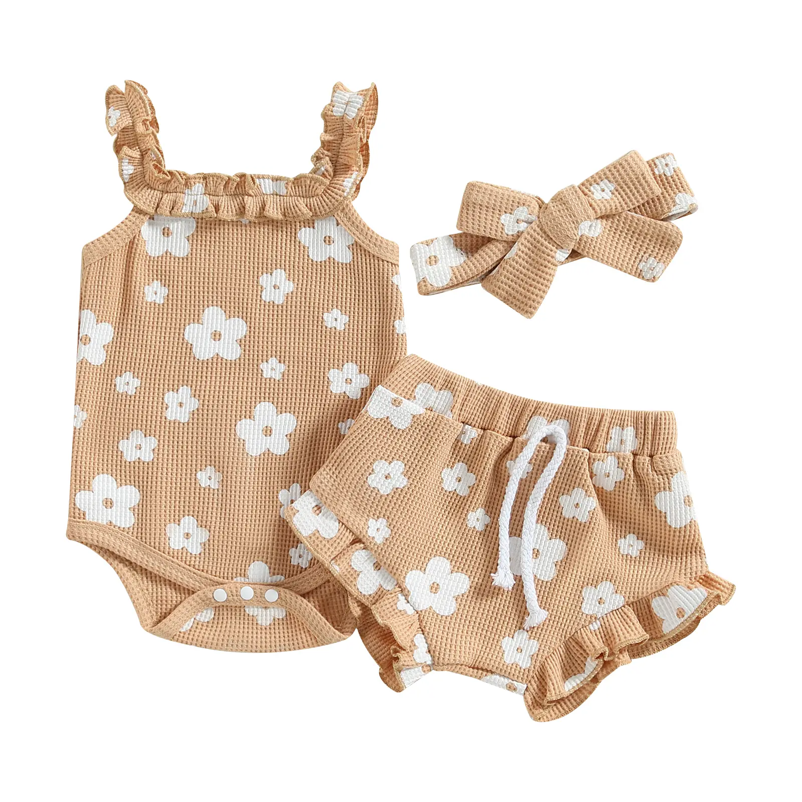 Toddler Baby Girl Summer Boho Floral Outfits Infant Waffle Knit Sleeveless Halter Strap Romper Bodysuit Shorts Set with Headband