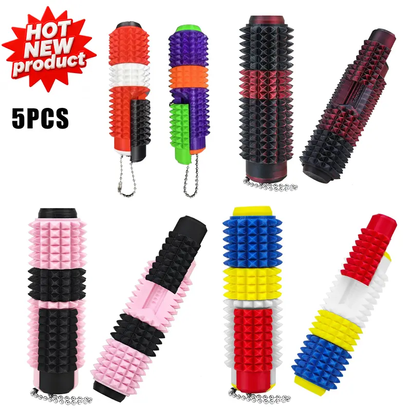5PCS 5-in-1 Sensory Grippie Set - Reinforced Plastic Spiky Fidget Toys with Deep Tactile Stimulation, Clicker, Spinner, Slider, Roller, Ergonomic Compact Design Keychain for Adult Stress Relief & Pain Therapy