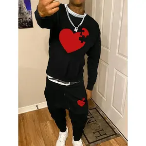 Men's Heart Print Sweatshirt & Drawstring Waist Sweatpants Set, Regular Fit Casual Long Sleeve Round Neck Pullover & Pocket Jogger Pants, Men's Fall & Winter Clothes Valentine's Day, gift