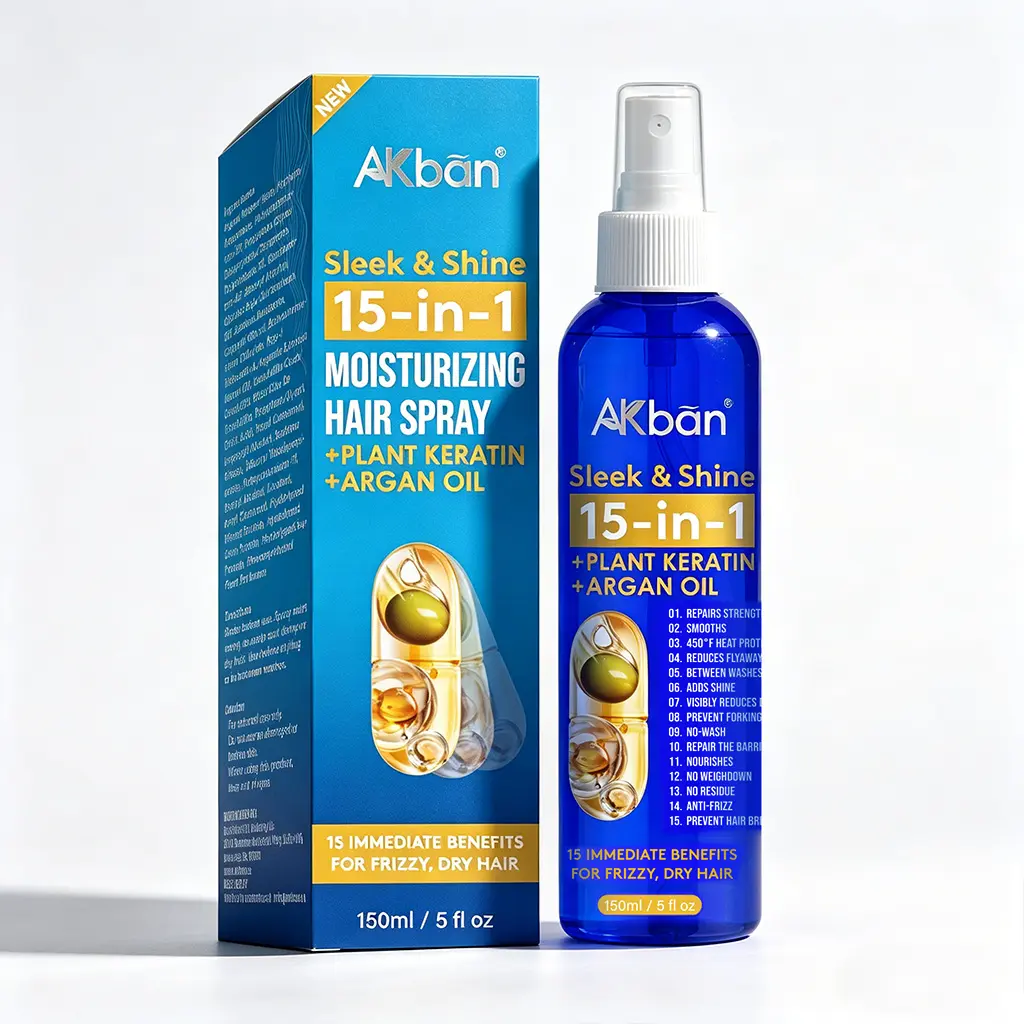 AKban 15-in-1 Sleek & Shine Leave-In Hair Spray with Argan Oil & Plant Keratin for Frizzy Dry Hair  Heat Protection No Sticky Residue