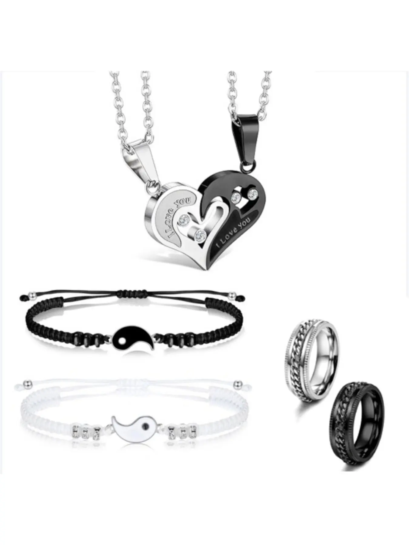 6 Pieces Matching Yin Yang Necklace Bracelets Rings Set Couple Necklace Bracelet Rings for Him and Her Matching Yin Yang Necklace Boyfriend Girlfriend Friendship Valentine's Day Jewelry Gift