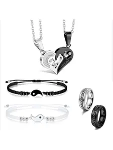 6 Pieces Matching Yin Yang Necklace Bracelets Rings Set Couple Necklace Bracelet Rings for Him and Her Matching Yin Yang Necklace Boyfriend Girlfriend Friendship Valentine's Day Jewelry Gift