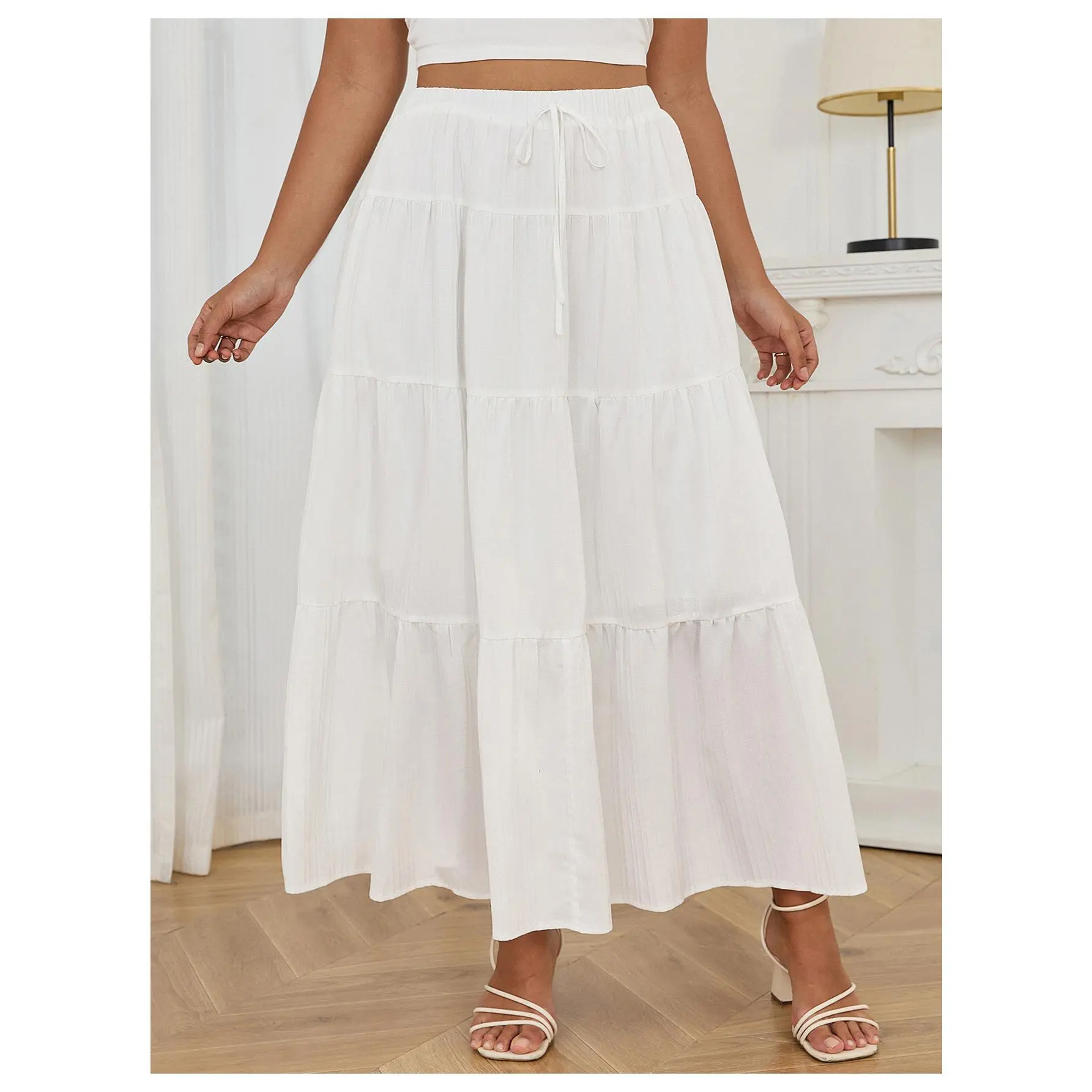 Plus Size Summer Flowy Skirts Summer Elastic High Waisted Tiered Layered A Line Vacation Skirt