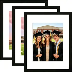 11x14 Picture Frame Set of 3, Made of High Definition Glass for 8x10 with Mat or 11x14 Without Mat, Wall and Tabletop Display Photo Frames, Black