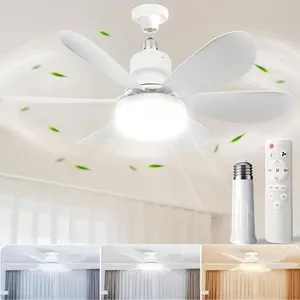 Portable Small Ceiling Fan Lamp with Remote Control, Adjustable Light Bulb, Suitable for Bedroom Kitchen Living Room, 20 Inch Screw Type