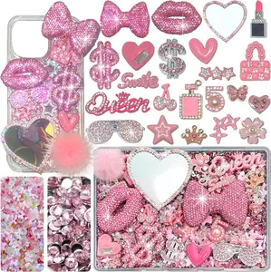 Pink Junk Case Charms Kit, Junks Phone Cases with Rhinestone Accessories and Full Diamond Bow Lips Dollar Sign Pom Resin Kits Mirror with DIY Phones Decorations