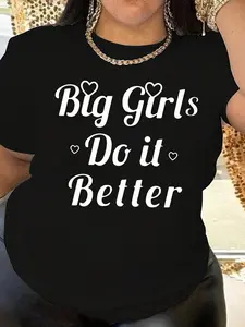 Large Letter Slogan Printed T-Shirt, Casual Round Neck Short Sleeved T-Shirt, Women's Plus Size Clothing Black Summer
