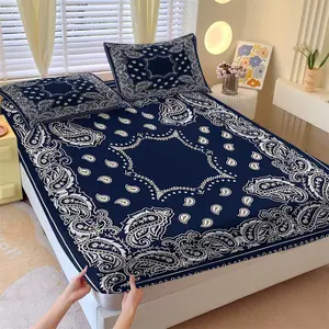 Retro Bandana Paisley Pattern Fitted Sheet, Include One Bedspread and Two Pillowcases, Deep Blue Boho Ethnic Style Bed Sheet with All-Round Elastic, Wrinkle Resistant & Breathable Mattress Protector