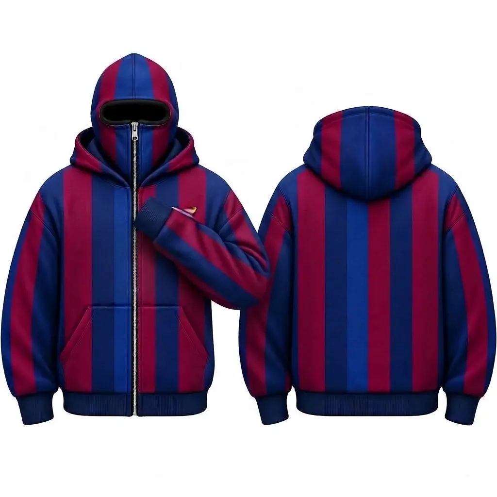Blue Maroon Striped Soccer Full Zip Balaclava Hoodie, Built In Mask Ninja Fleeced Sweatshirt, Oversized Graphic Streetwear Jacket, Game Day Athletic Tailgate Outerwear, Windproof Warm Winter Casual Clothes Gift For Men Women