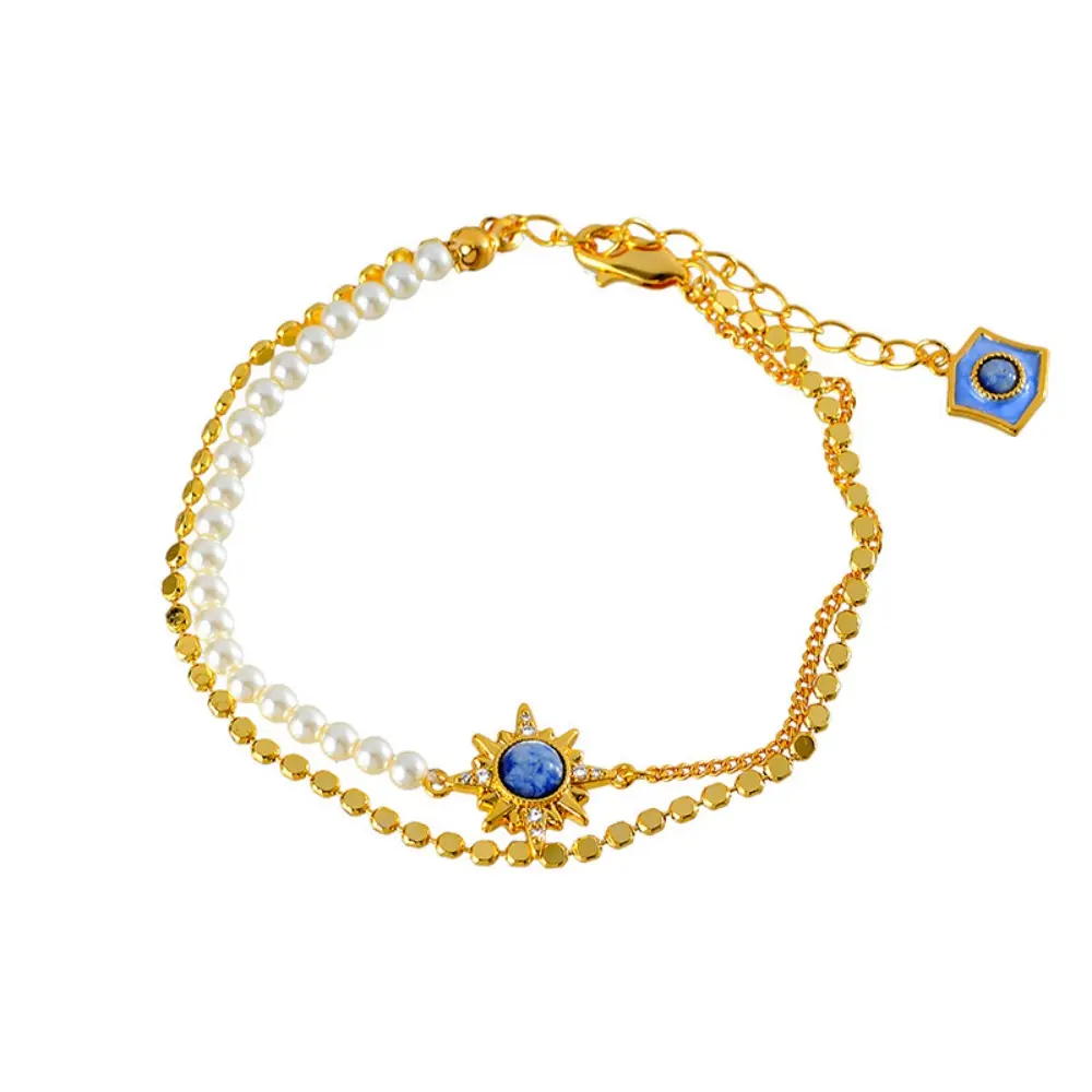 TikTokShopBlackFriday Elegant Eight-Pointed Star Bracelet for Women 18K Gold Plated Pearl & Beaded Design 9 Inches Adjustable Fine Jewelry Perfect for Party Happy Easter