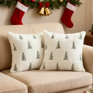 Christmas Decorative Pillow Covers Set of  Faux Fur Throw Pillows with Embroidered Christmas Tree 18x18 Inch White Green Winter Couch Covers for Festival Sofa Bedroom Living Room Home Decor