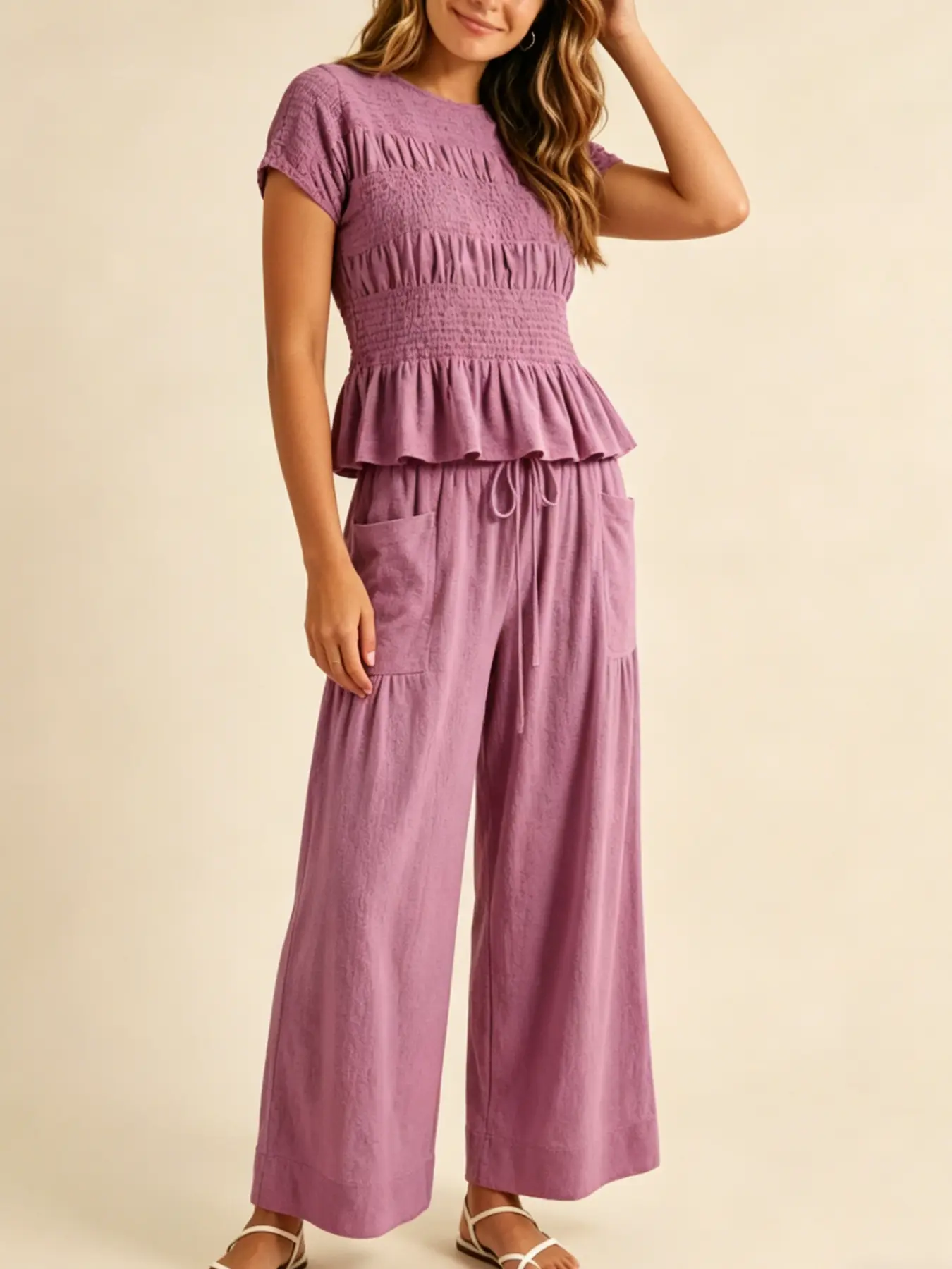 Women's Fashion Casual High-End Textured Cotton Ruffled Short Sleeve Two-Piece Set Clothes, with waist-cinching ruffles and a flowing wide-leg pant design, perfect for summer, vacations, indoor, and outdoor wear
