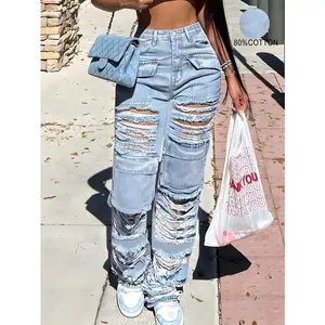 Washed Waist Flap Pocket Ripped Decor Cargo Jeans for Everyday Casual Wear