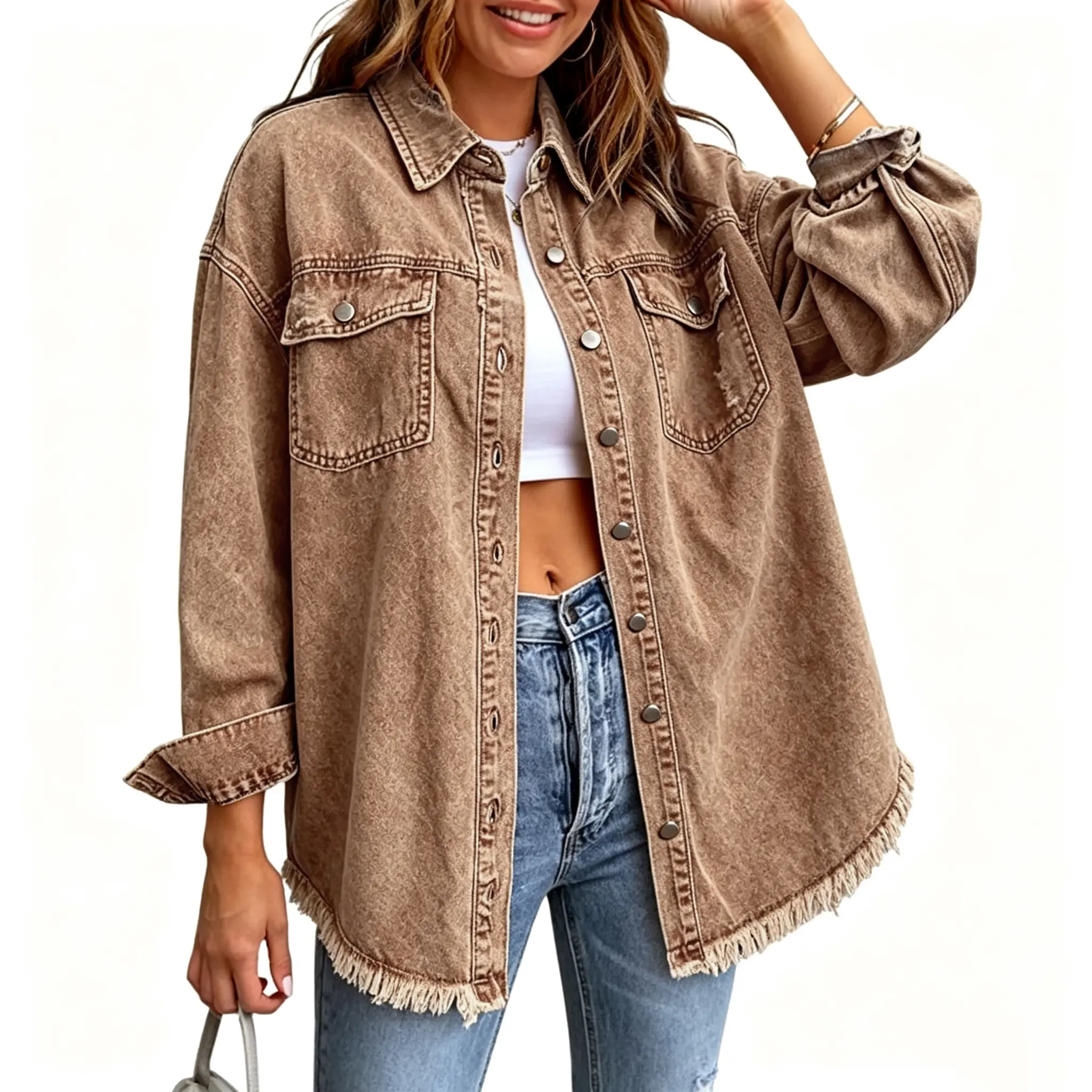 Women's Oversized Button Up Frayed Hem Denim Shacket Jean Jacket | Jean Jacket Women Trendy Stretchy, Long Sleeve Denim Jacket, Two Side Pockets, Raw Hem, Country Concert Outfits for Women