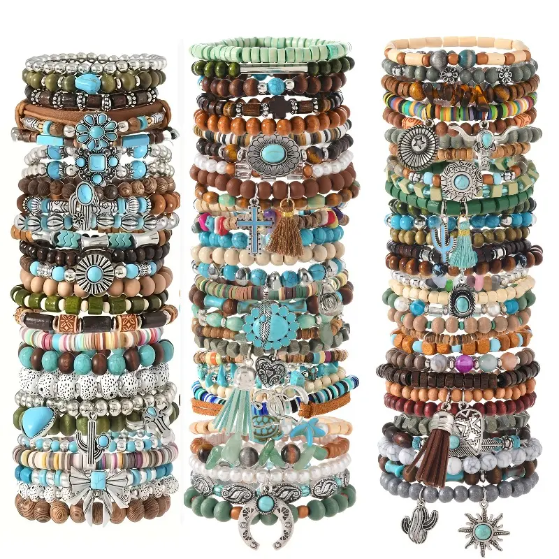 Unisex 40-Piece Wooden-Turquoise Bead Bracelet Set - Handmade Arm Candy Accessories with Pendants, Bracelets for Women, Meaningful Gifts for Adults for Daily Wear & Party Use