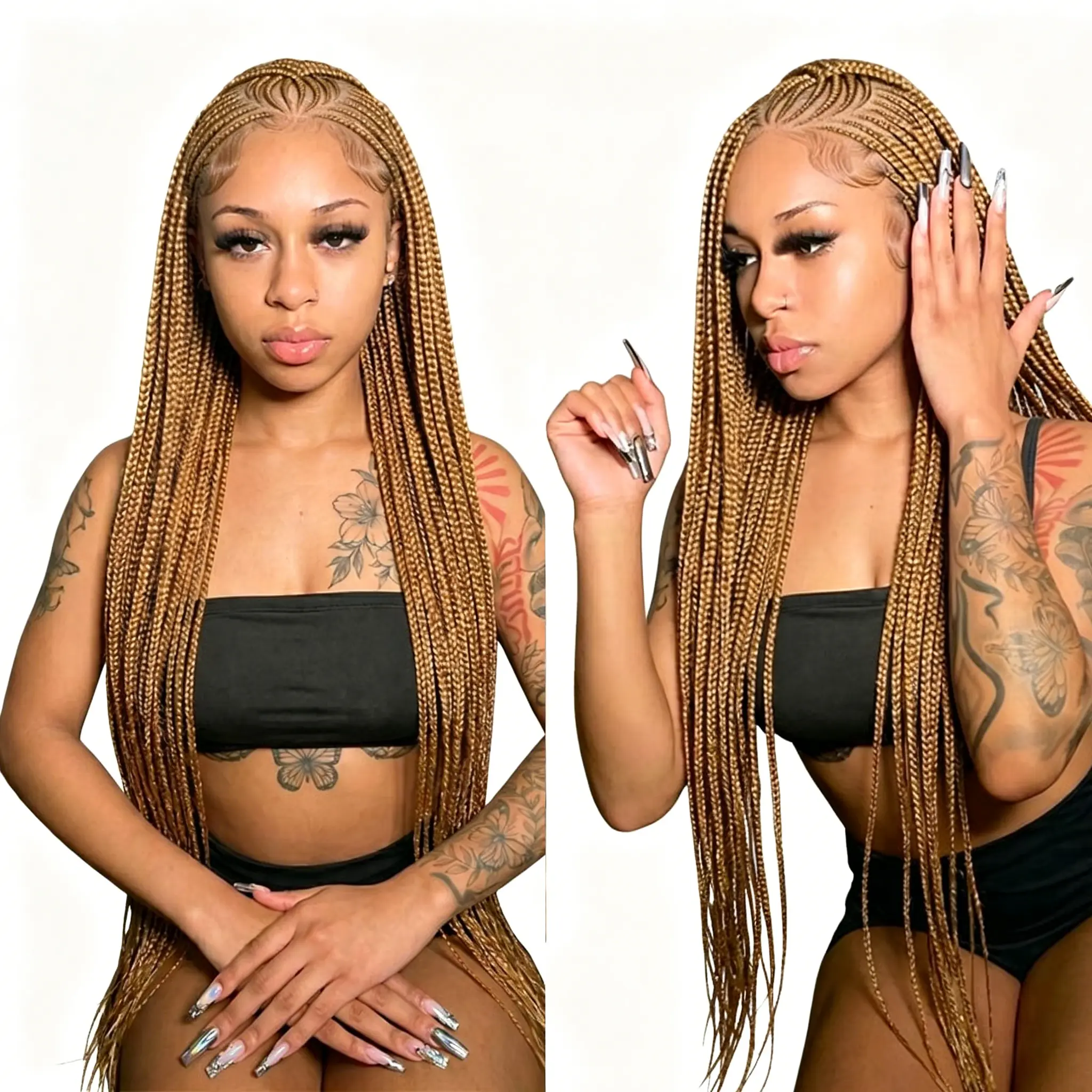 Honey Blonde Knotless Box Braids Wigs Synthetic Full Lace Braided Wigs Cornrow Box Braided Wig For Black Women 36 Inches Long Braiding Hair Wig
