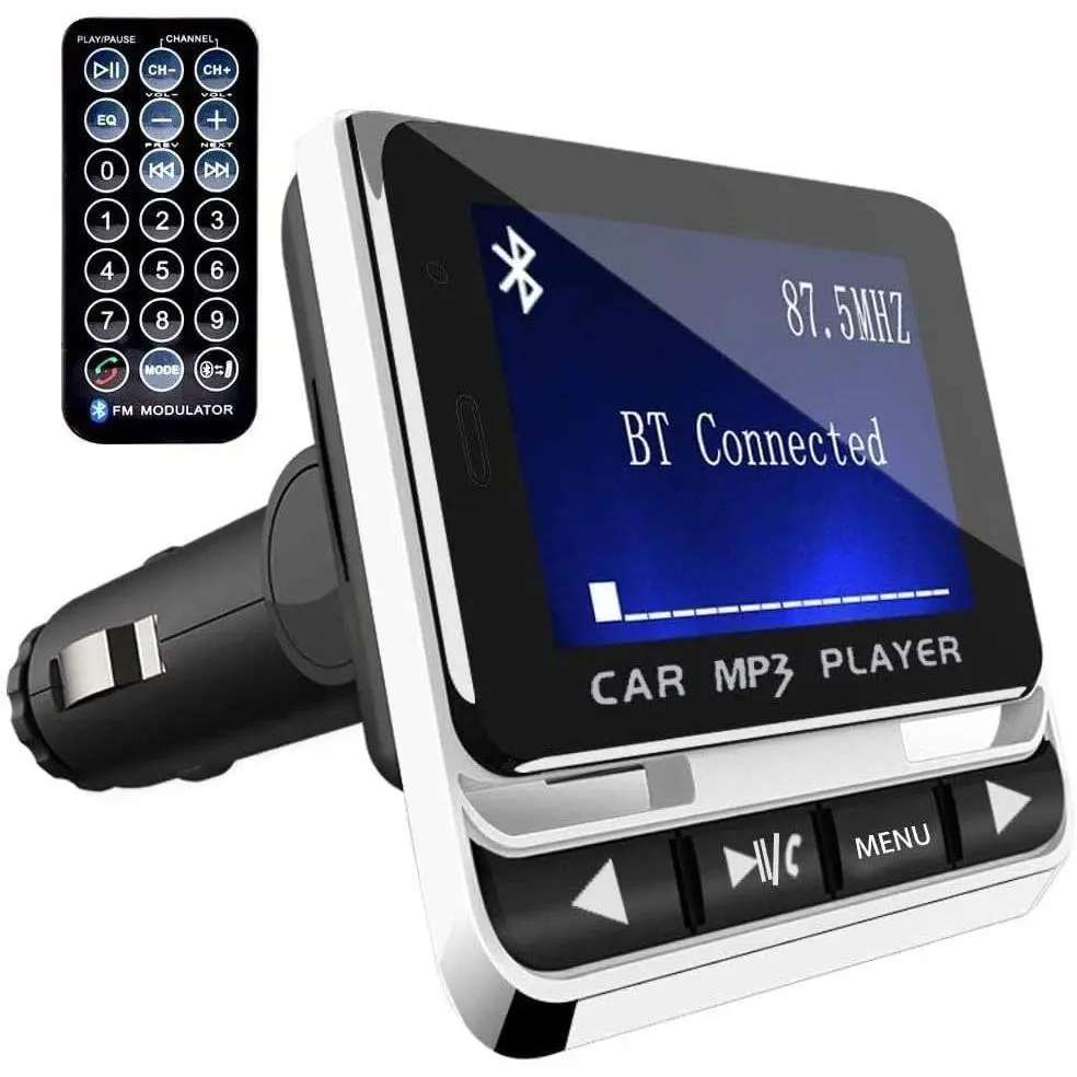 Bluetooth FM Transmitter for Car, Wireless Car Radio Adapter, Handsfree Auto Kit with Remote Control, MP3 Music Player Support USB Charger Siri Google Assistant U Disk/TF Card/Aux, Car Stereo