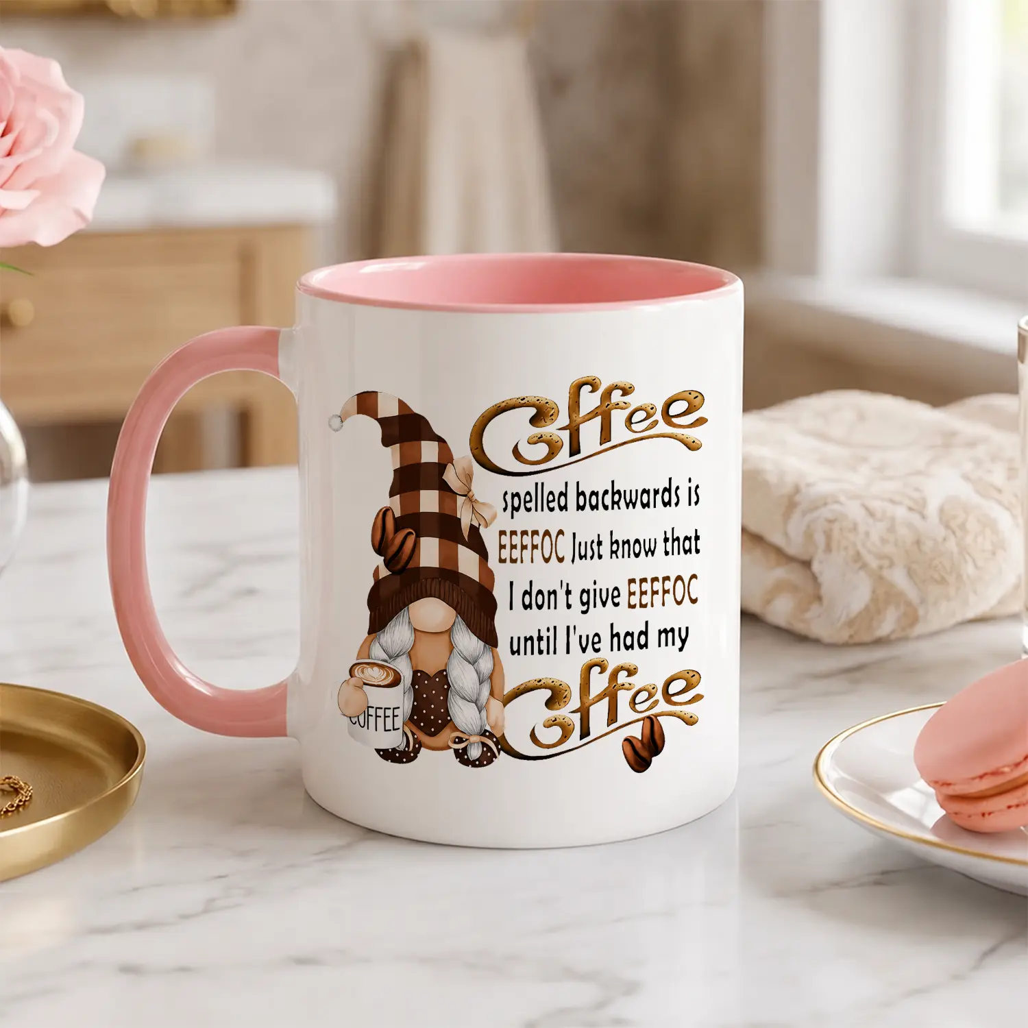 Gnome Coffee Mug, Ceramic Coffee Cups, Coffee Spelled Backwards Water Cups, Summer Winter Drinkware, Birthday Mug, Holiday Funny Mug, New Year Gifts