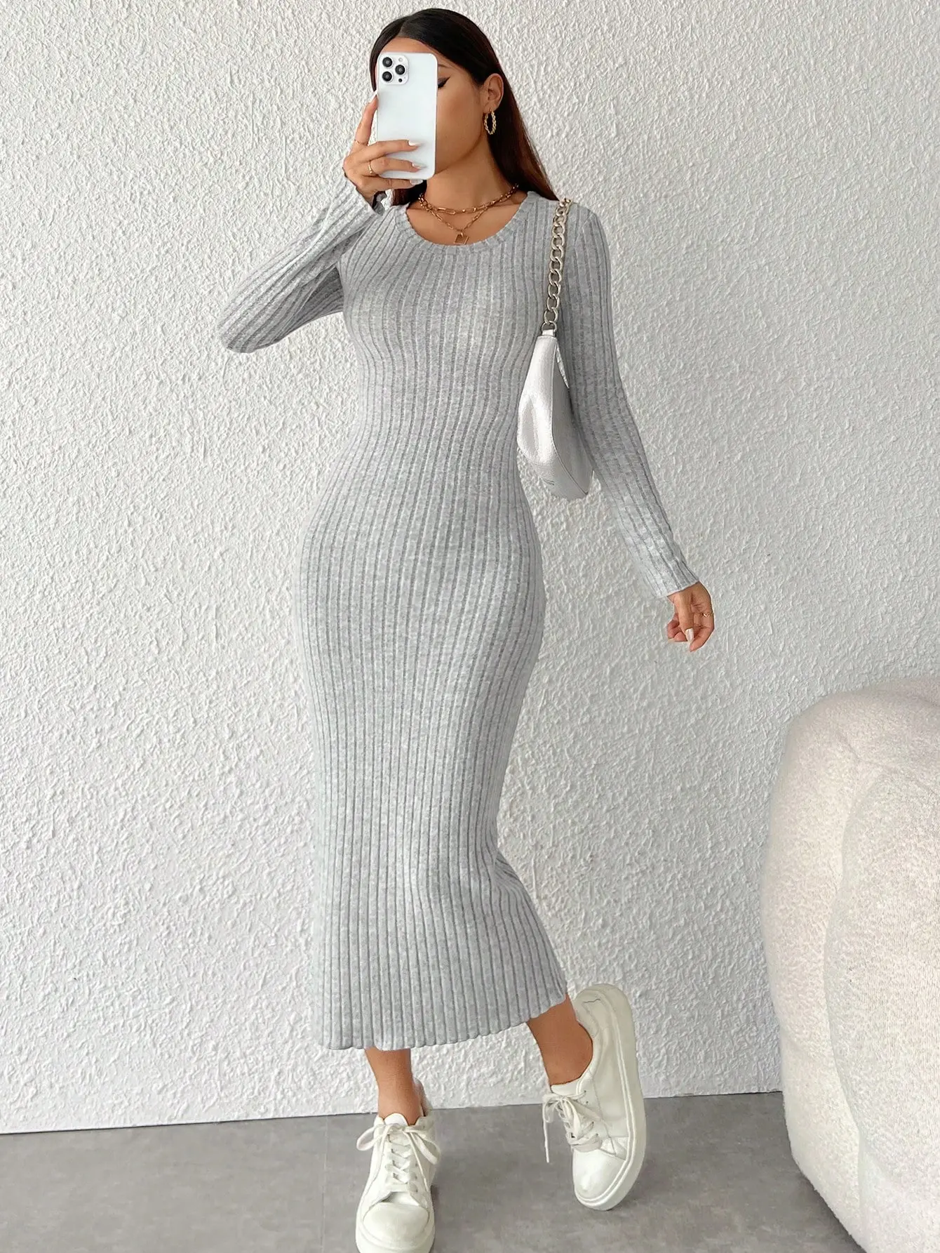 Women’s Ribbed Knit Slim Fit Long Sleeve Maxi Bodycon Sweater Dress Casual Solid Color Fall Winter Spring Outfit Machine Washable