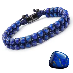 GT Collection Men's Lapis Lazuli Double Bead Bracelet High-End Natural Gemstones Adjustable Macrame Knot One Size Fits All Spiritual Protection Jewelry