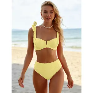Women's 2026 High-Waist Textured Strap Tankini Swimsuits - Tummy Coverage, Light Yellow, Ideal for Beach Vacations, Pool Parties