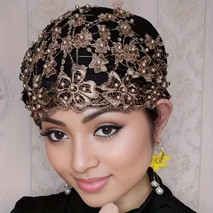 Glitzy Golden Lace Turban Hat with Floral Design – Stretchy, Lightweight, and Elegant Head Wrap for Women |   Perfect for Ramadan, Chemo, or Everyday Glamour |   Hand Wash or Dry Clean |   Polyester Material, Hijab Under Cap