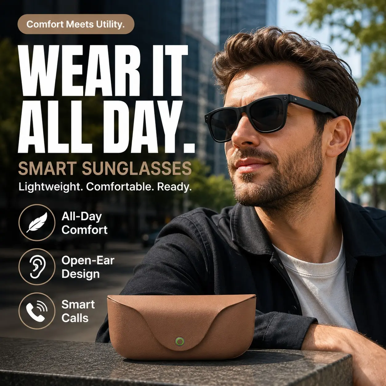 Men's Smart Recording Glasses, 8MP HD Camera with Dual Lenses, Open-Ear Audio, Real-Time Translation, Voice Assistant, Leather Charging Case, Ideal for Travel & Daily Use