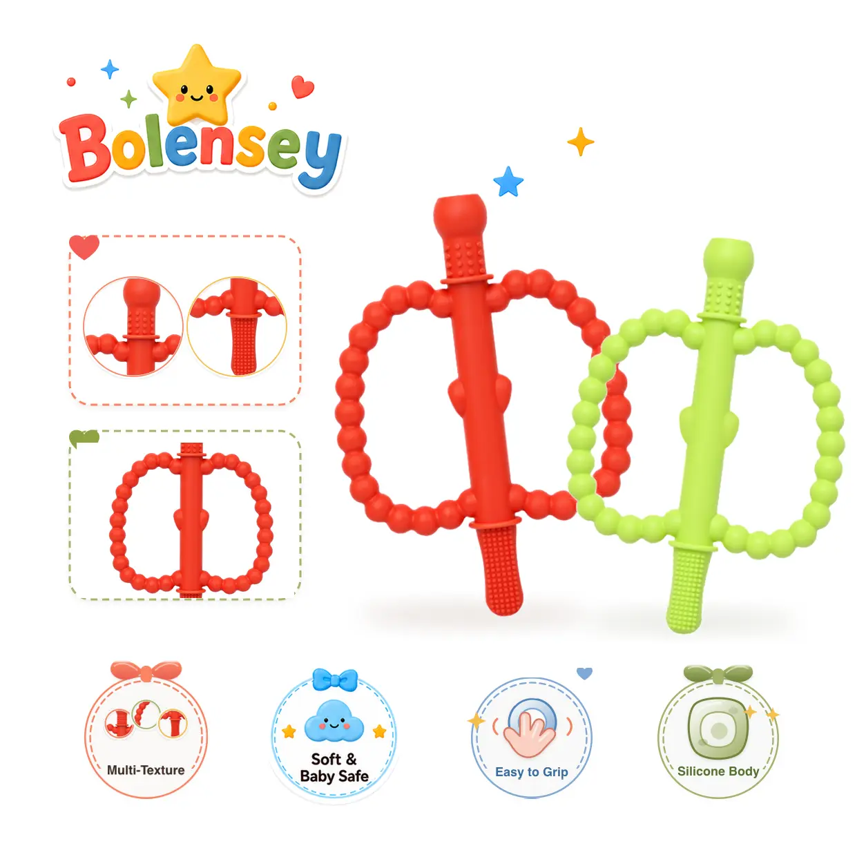 Bolensey 2-Pack Montessori Fruit Silicone Teether Set, Red & Green BPA-Free Hand/Sensory Teether with Beaded Open-Grip, Textured Surfaces, Double Rings, Fun Shape Teething Stick for 0-12 Months Babies’ Grip Exercise, Color Cognition, Sensory Development