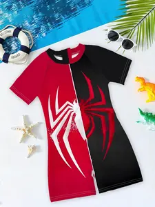 Boys' swimsuit - Spider-Man adventure style. Red and black color block design with spider prints, stylish and refreshing, perfect for creating a beach vacation vibe.
